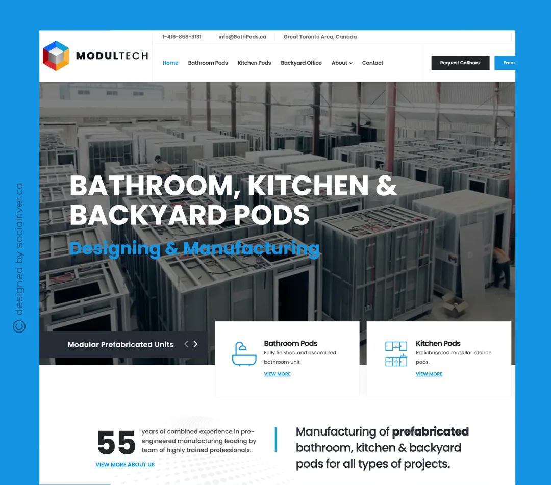 SRM portfolio webdesign Modultech bathpods.ca Social River portfolio web design modular pods